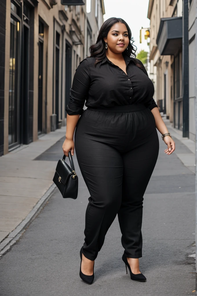 overweight woman bbw in black linen tight trousers