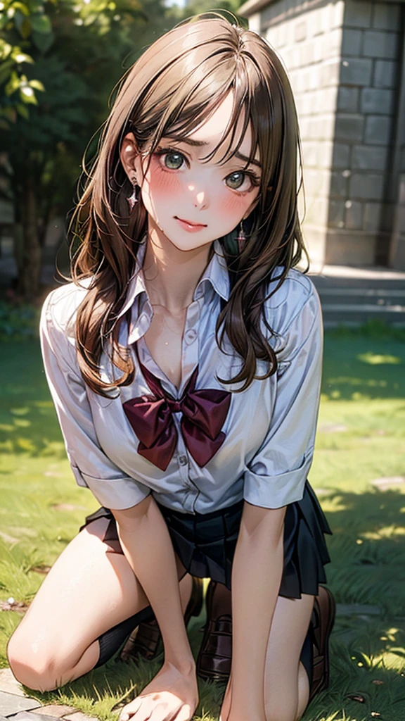 (masterpiece:1.2, top-quality), (realistic, photorealistic:1.4), beautiful illustration, (natural side lighting, movie lighting),
looking at viewer, cowboy shot, front view:0.6, 1 girl, japanese, high school girl, perfect face, cute and symmetrical face, shiny skin,
(long hair:1.8, straight hair:1.7, light brown hair), parted bangs, emerald green eyes, long eye lasher, (large breasts:0.9, thick thighs),
beautiful hair, beautiful face, beautiful detailed eyes, beautiful clavicle, beautiful body, beautiful chest, beautiful thigh, beautiful legs, beautiful fingers,
((, white collared shirts, black pleated mini skirt, black socks, brown loafers, red bow tie)), break, hoop ring earrings, pink panties, dark blue violet cardigan, break,
(beautiful scenery),
In a grassy field, a girl is on all fours, a big dog is hugging her back from behind, and the dog and the girl's bodies are piled on top of each other in a doggy position.
Her face was bright red and flushed, her mouth was open, and she looked like she was about to cry.
She is wearing a very short skirt.