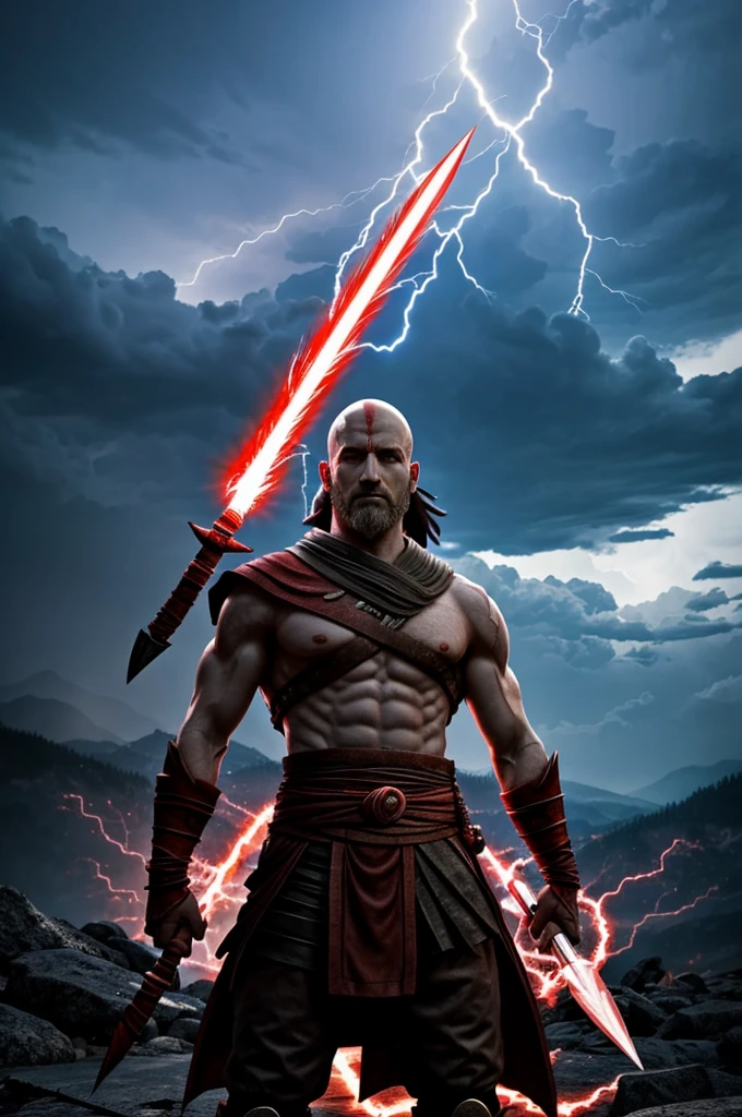 Make an Uchiha God of War with a white and red aura flowing around him standing on a mountain with lightning in the background and a spear in his hands