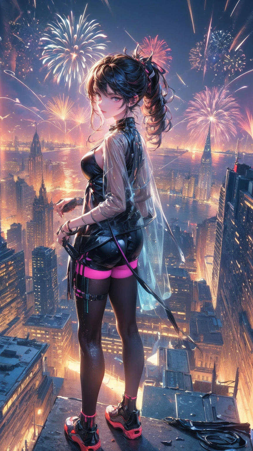((masterpiece)),((best quality)),((High Detail)),((Practical,)) Future Era City, Building Street, market, Cyberpunk, European Architecture, night, neon, panoramic view, Various buildings, new year, fireworks, panoramic, colorful fireworks, sky with fireworks, landscape, Delicate face, Delicate and eye-catching, Very detailed eyes