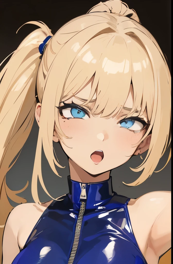 Blonde、、1 person、No sleeve、ahegao、ponytail、blondes、amount、Blue Leather Shirt、sara、No sleeve、best quality, super fine illustration,(((beautiful fine hair))),(((beautiful fine face))),(((beautiful fine background))),blue-black leather pants, silver zipper,belt below the waist,super fine illustration,(((beautiful fine hair))),(((beautiful fine face))),(((beautiful fine background))),normal small size,bangs bangs ,(((beautiful fine hair))),(((beautiful fine face))),(((beautiful fine background))),blond hair , showing forehead, silver center zipper, leather blue black bodysuit, sleevelesblue blacks, shiny, blondes ponytail