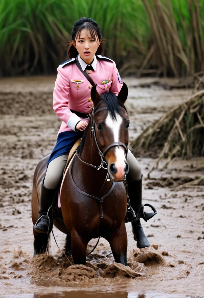 (((masterpiece))),(((Highest quality))),((Tabletop:1.4, Highest quality)), (Realな写真:1.4), 
((1 cute girl knight)),rodeo,horse standing,Surprised face,stumble,aggressive,slouch,horse standing, prancing horse in pitfall,cute,Napoleon,
(超High resolution:1.2),, wonderful, Very detailed CG Unity 8k wallpaper, Very detailed, High resolution,fat horse ridden by japanese girl,Plump,Double,Pink military uniform,Soaking in the swamp,Mud Splash,
Soft Light, Beautiful detailed girl, Droopy eyes,Very detailedな目と顔, Beautiful and exquisite nose, Beautiful and exquisite,  horse ridden by a girl can't stand up because its drowned in the sticky muddy pitfall:10.0 ,Displeased face:4.0,Real,Stir,Anatomically correct,action horse riding scene while struggle fighting