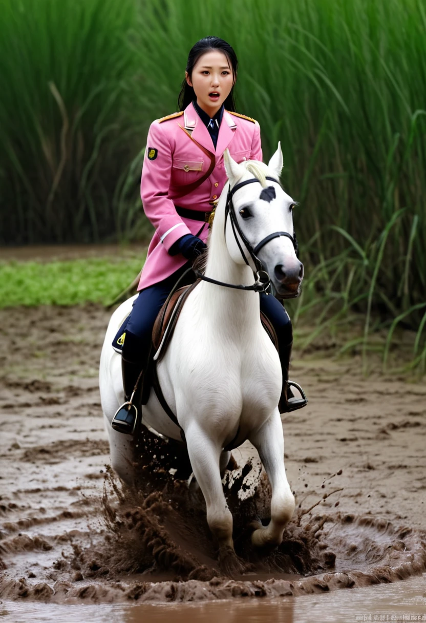 (((masterpiece))),(((Highest quality))),((Tabletop:1.4, Highest quality)), (Realな写真:1.4), 
((1 cute girl knight)),rodeo,horse standing,Surprised face,stumble,aggressive,slouch,horse standing, prancing horse in pitfall,cute,Napoleon,
(超High resolution:1.2),, wonderful, Very detailed CG Unity 8k wallpaper, Very detailed, High resolution,fat horse ridden by japanese girl,Plump,Double,Pink military uniform,Soaking in the swamp,Mud Splash,
Soft Light, Beautiful detailed girl, Droopy eyes,Very detailedな目と顔, Beautiful and exquisite nose, Beautiful and exquisite,  horse ridden by a girl can't stand up because its drowned in the sticky muddy pitfall:10.0 ,Displeased face:4.0,Real,Stir,Anatomically correct,action horse riding scene while struggle fighting