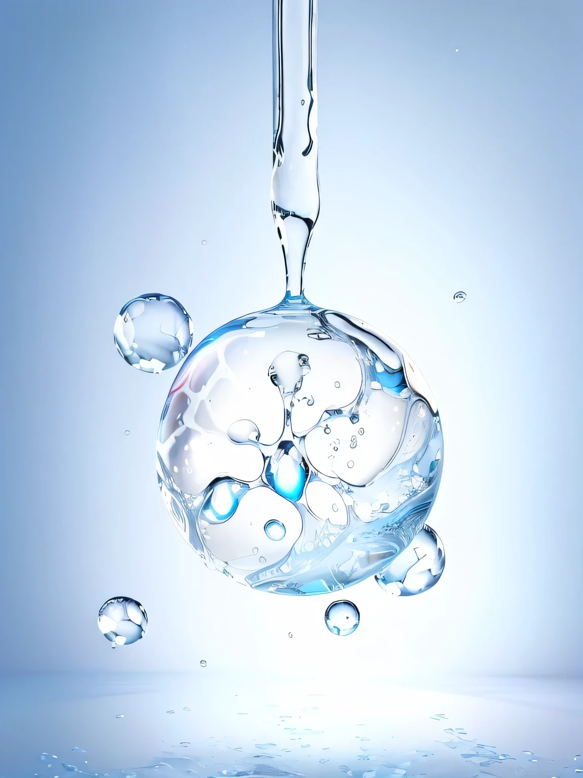 Close-up of a drop of water with droplets, Water particles in front, floating molecules, Water particles, water particles, blister, Transparent liquid, Condensation water drop rendering, Transparent water drops, blisters, atoms floating, clean water droplets, Pink effect,Water drop frozen in time, Biochemistry illustrations, Super human hydration
