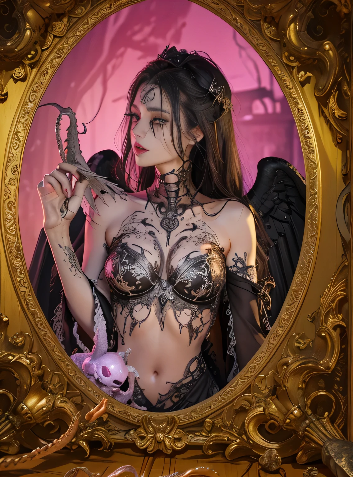 Fine matte paint,Skeleton Dark Angel, Haunted castle with large wings, Fill the drawing table with a knife,terroral,uncanny,horrid,secret terror,tentaculata,grape trees,The eye,uncanny valley effect teeth,all fours,Critters,Blood Moon,super high image quality,Sexy beauty,The picture quality is clear