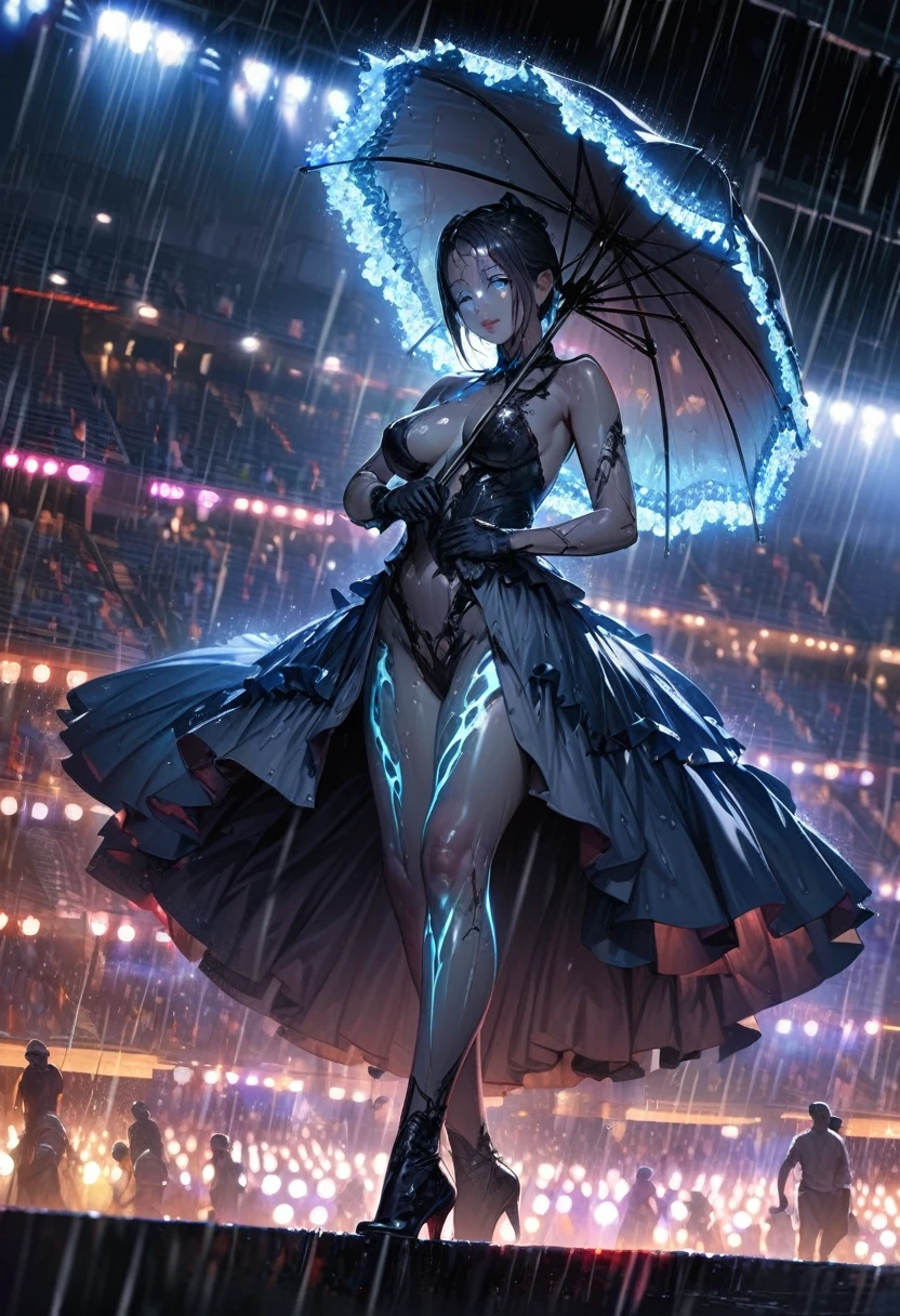 A woman practicing dancing with an umbrella,(Highest quality,Extremely detailed depiction,Incredibly absurd high resolution,Anatomically accurate depiction),(Glowing Skin,Shiny skin,),SFW:1.5,rain,background:Outdoor Stage