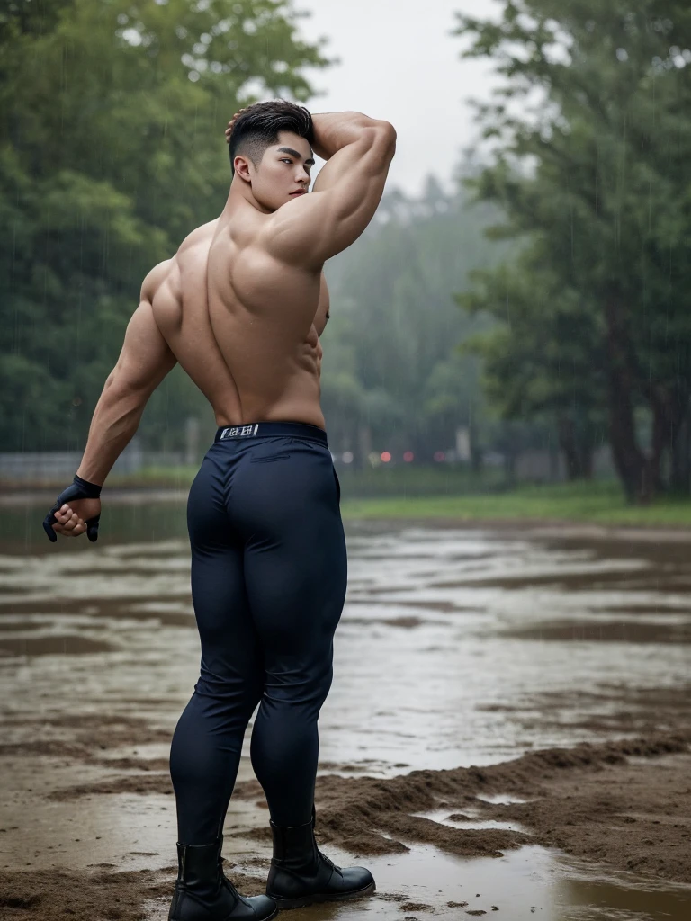 20-year-old boy ,Korean male officer ,...,handsome ,Wear a dark navy short-sleeved shirt............., wearing nothing, Wearing only Dark navy thong , no pants, Black boots and dark navy gloves, standing backward, sit on the ground ,, perfect , male , 1boy, solo, male focus, standing back, backward to viewers, showing huge male buttund muscular ass, Hisgs spread apart.............................., Police Logo ,tight ,Muscle Man , ((The arm muscles are very large.................)) ,large , Wide shoulders ,..................................... ,Sexually su, (Dynamic Poses:1.1) , thights , (Embossed Focus:1.2),......................., ,It's raining ,Mud Pond , Best qualtiy , Wide lens ,deep depth of field ,Bokeh background