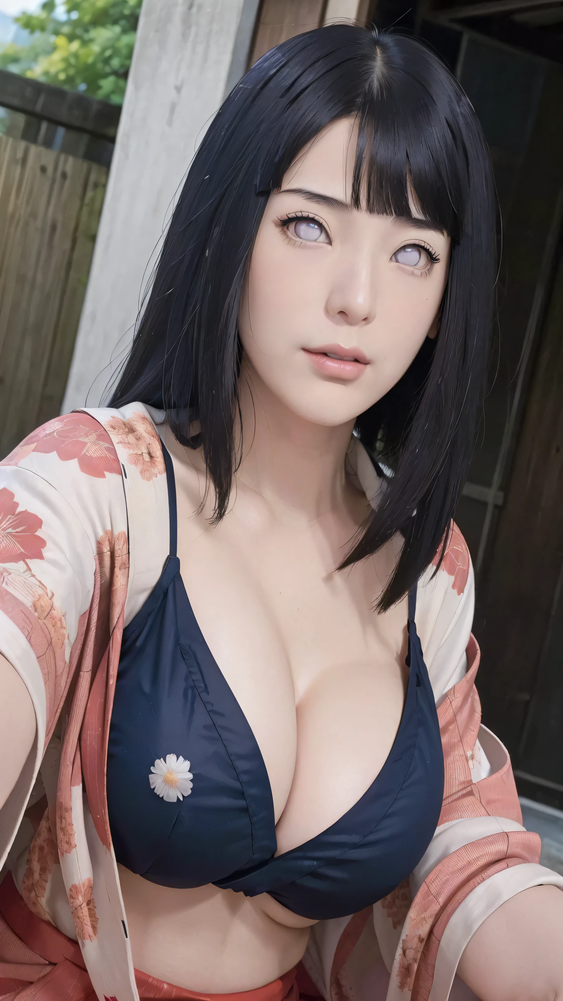 masterpiece, hinata\(boruto\), 1girl, mature women, (((Red floral kimono with spaghetti strap top))), (((Selfie))), (((Close-up photo))), (((Closed Clothing))), (((cleavage))), (((big breasts))), (((big round breasts))), (((round breasts))), (((very round breasts))), (((Colossal tits))), (((plump breasts))), (((perfect breasts))), (((outdoor))), (shy face), detailed lips, beautiful face, blush, (pink lips), (((long hair))), white eyes, gentle gaze, smile, super realistic, detailed, realistic face and body, realistic hair, realistic eyes, realistic nose, realistic lips, seductive pose, (((straight bangs))), (dark blue hair), 28 year old girl