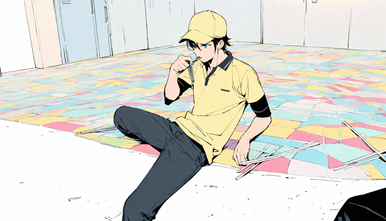 flat color,(best quality, masterpiece, ultra highres, ultra-detailed:1.2) , top-tier quality, tween girl,((There are too many beige disposable chopsticks on the floor)),plain Yellow cap,plain Sky-Blue Polo-Shirt,black pants,blank space,white background,White floor,