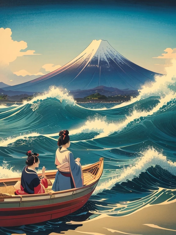 (Highest quality、masterpiece、High resolution、8K)、Ukiyo-e、Katsushika Hokusai、Fuji Mountain、White waves of the sea、Boat、Official Art、