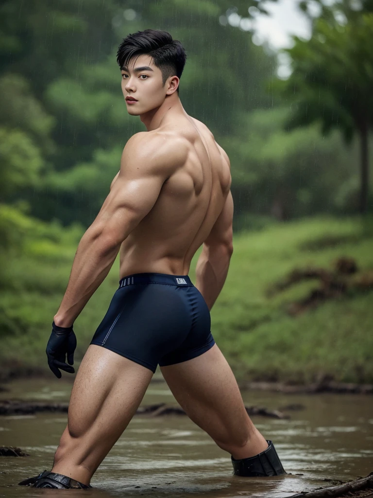 20-year-old boy ,Korean male officer ,...,handsome ,Wear a dark navy short-sleeved shirt............., wearing nothing, Wearing only Dark navy thong , no pants, Black boots and dark navy gloves, standing backward, sit on the ground ,nude, perfect , male , 1boy, solo, male focus, standing back, backward to viewers, showing huge male butt, round muscular ass, His legs spread apart.............................., Police Logo ,tight ,Muscle Man , ((The arm muscles are very large.................)) ,large , Wide shoulders ,..................................... ,Sexually suggestive, (Dynamic Poses:1.1) , thights , (Embossed Focus:1.2),......................., ,It's raining ,Mud Pond , Best qualtiy , Wide lens ,deep depth of field ,Bokeh background