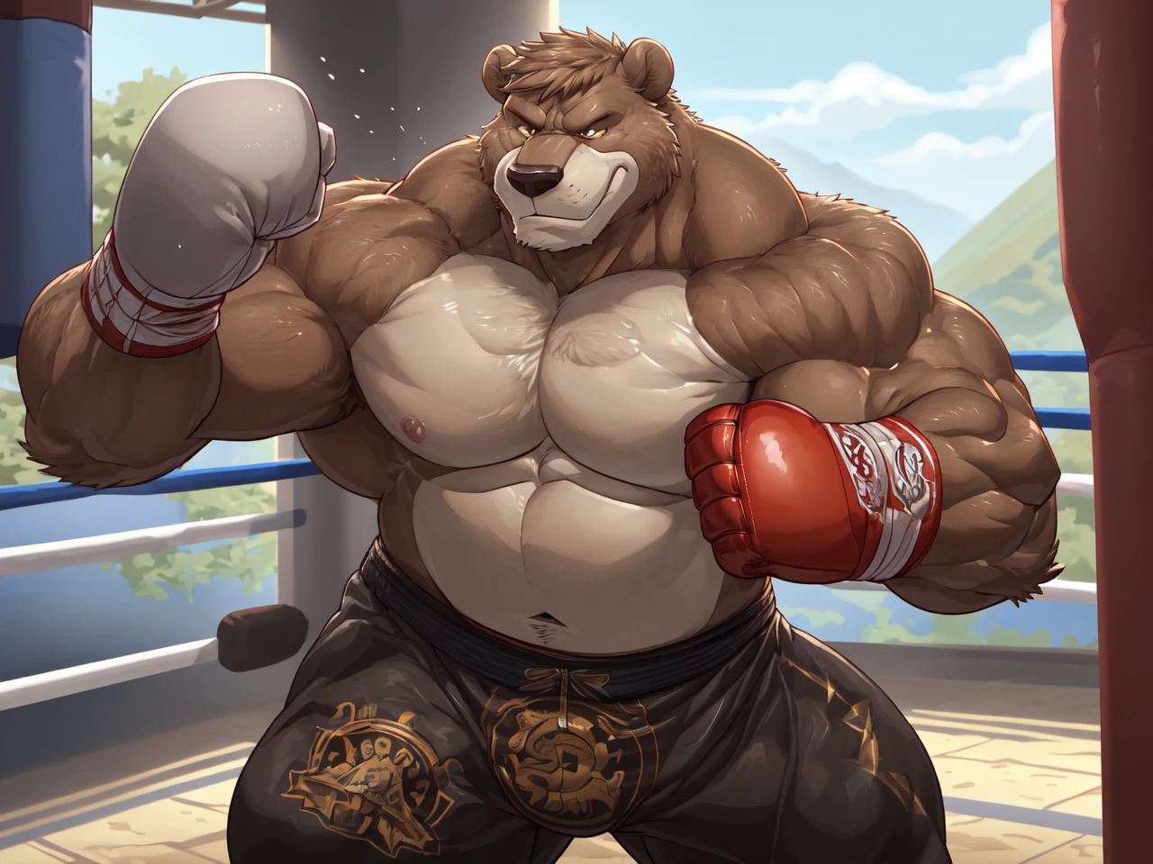 ((solo)), (anthro:1.2) bear (lora; baloo), adult, (athletic:1.4), (dense muscles), (super strong:1.4), (correct anatomy:1.2), (broad shoulders:1.2), (heavy build, massive body:1.6), (realistic fur, detailed brown fur texture:1.3), kickboxing martial arts tournament background (corner of the kickboxing MMA ring:1.6), photorealistic, (black compression shorts), (bare torso:1.4), (footwear:1.2), (detailed kickboxing martial arts black shorts), hyperrealistic, ultradetailed, (by wfa:1.2), (by takemoto_arashi, by vorusuarts, by Traver009:1, by grimfaust:1), natural lighting, (oiled up:1.4), ursine head (open eyes, brown mane), (sexy:1.2), ((serious smirk:1.4) expression), (punching:1.4), (view from center:1.4)