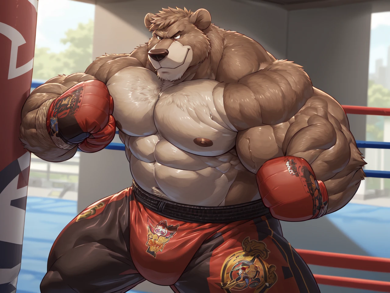 ((solo)), (anthro:1.2) bear (lora; baloo), adult, (athletic:1.4), (dense muscles), (super strong:1.4), (correct anatomy:1.2), (broad shoulders:1.2), (heavy build, massive body:1.6), (realistic fur, detailed brown fur texture:1.3), kickboxing martial arts tournament background (corner of the kickboxing MMA ring:1.6), photorealistic, (black compression shorts), (bare torso:1.4), (footwear:1.2), (detailed kickboxing martial arts black shorts), hyperrealistic, ultradetailed, (by wfa:1.2), (by takemoto_arashi, by vorusuarts, by Traver009:1, by grimfaust:1), natural lighting, (oiled up:1.4), ursine head (open eyes, brown mane), (sexy:1.2), ((serious smirk:1.4) expression), (punching:1.4), (view from center:1.4)