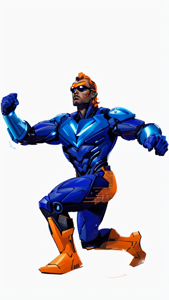 master piece, 8k detail, a close up of a drawing of a man in a blue suit, orange gloves and orange eye goggles, , full portrait of electromancer, fantastic non human character, 90s comic book character design, comic book character, thunder man, heroic masculine pose, caracal cyborg, full body concept, some orange and blue, vibrant fan art, no backdrop, white background.
