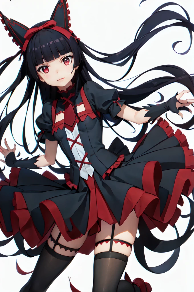 Rory Mercury, Rory Mercury, Black Hair, Blunt bangs, Hime cut, hair ornaments, Red lipstick, Long Hair, Cute face, compensate, (Small box:1.2), (Red eyes:1.5), break Gothic underwear, Perfect body (Small breasts:1.3), break in full growth, Red Shoes, break Black Stockings, Black Gloves break, Black thighs, Garter Straps, gloves, Gothic, Hair Ribbon, Gothicファッション, puffy Short sleeve, Puffy sleeves, Short sleeve, tights, tights, looks at the viewer, break (masterpiece:1.2), Highest quality, High resolution, unity 8k wallpaper, (Illustration:0.8), (Beautiful details in the eyes:1.6), Highly detailed face, Perfect lighting, Highly detailed CGI, (Perfect Arms, Perfect Anatomy), (white background:1.5), I have nothing in my hands, 1girl, whole body, Confused eyes