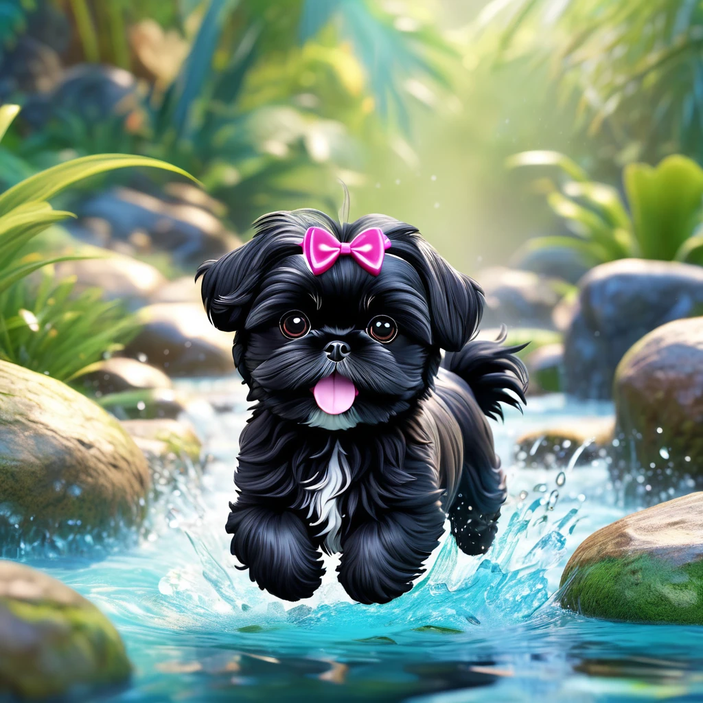 2 adorable small black shih tzu puppies, bright colorful sunglasses, running playfully in creek, disney cartoon 3d render, disney pixar style, photorealistic, highly detailed, 8k, studio lighting, vibrant colors, cute facial expressions, fluffy fur, crystal clear water, lush greenery background, whimsical, heartwarming, adorable, charming