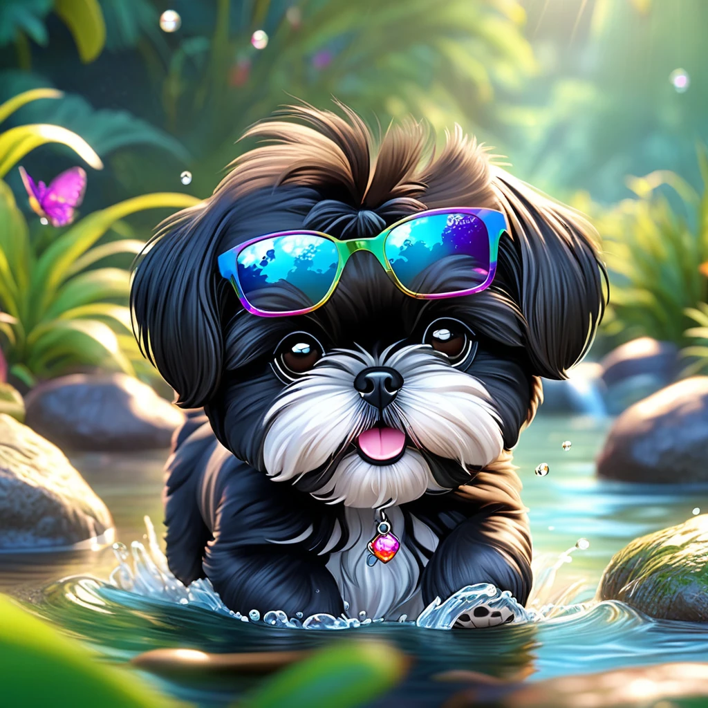 2 adorable small black shih tzu puppies, bright colorful sunglasses, running playfully in creek, disney cartoon 3d render, disney pixar style, photorealistic, highly detailed, 8k, studio lighting, vibrant colors, cute facial expressions, fluffy fur, crystal clear water, lush greenery background, whimsical, heartwarming, adorable, charming