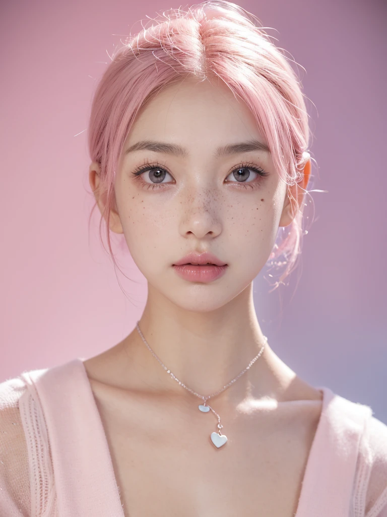 Cute girl short pink hair, with two bows on each side of the hair, all her hair short pink , with a star clip in her pink hair, light colored eyes, pretty eyes, crying eyes, pretty, upturned nose, watery nose, Pretty lips, pink lips, heart and cupid shaped lip, pretty skin, pale, White skin, with moles and freckles all over his face, soft pink blush on the cheeks, natural pink blush, soft pink makeup, Jennie, nice neck, marked collar, frown, tender look, with a kiss necklace, a pretty kiss necklace, similar to Yumeko Jabami, while wearing a Crochet YK2, woolen, with a white pants , while wearing a deep blue top with bear prints, while having a bare abdomen, Delgado, marked and pretty, (big breasts, soft breasts, nice breasts), while she is cosplaying the character Yumeko Jabami, The anime Kakegurui, looking to the camera, full body photography , Clothes Colour 🔵 blue,