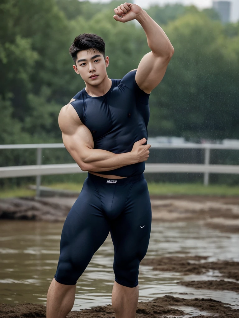 20-year-old boy ,Korean male officer ,...,handsome ,Wear a dark navy short-sleeved shirt............., wearing nothing, Wearing only Dark navy thong , no pants, Black boots and dark navy gloves, standing backward, sit on the ground ,nude, perfect , male , 1boy, solo, male focus, standing back, backward to viewers, showing huge male butt, round muscular ass, His legs spread apart.............................., Police Logo ,tight ,Muscle Man , ((The arm muscles are very large.................)) ,large , Wide shoulders ,..................................... ,Sexually suggestive, (Dynamic Poses:1.1) , thights , (Embossed Focus:1.2),......................., ,It's raining ,Mud Pond , Best qualtiy , Wide lens ,deep depth of field ,Bokeh background