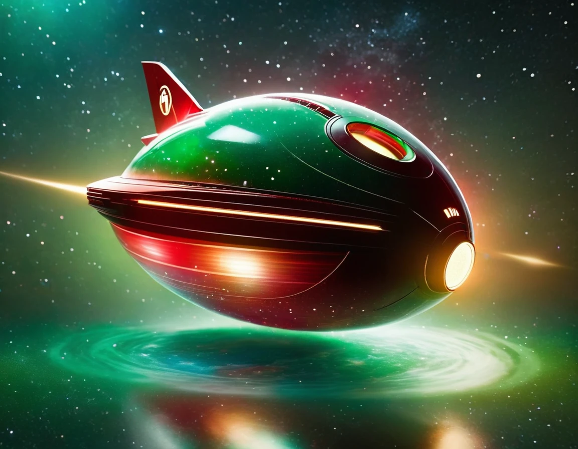 "A sophisticated starship traveling through space, against a gradient backdrop from dark green to red, speckled with stars. The ship’s design boasts a circular front, a streamlined body, and nacelles, with intricate paneling and lights highlighting its advanced technology."
