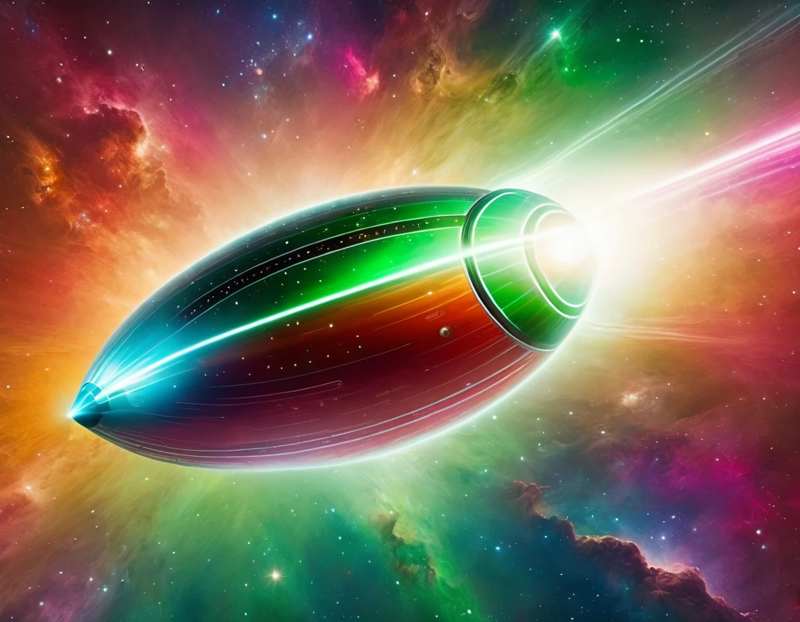 "A high-tech starship soaring through a colorful space background, featuring a gradient from green to red with scattered stars. The starship has a circular saucer section, an elongated body, and nacelles, with detailed metallic surfaces and bright accent lights."
