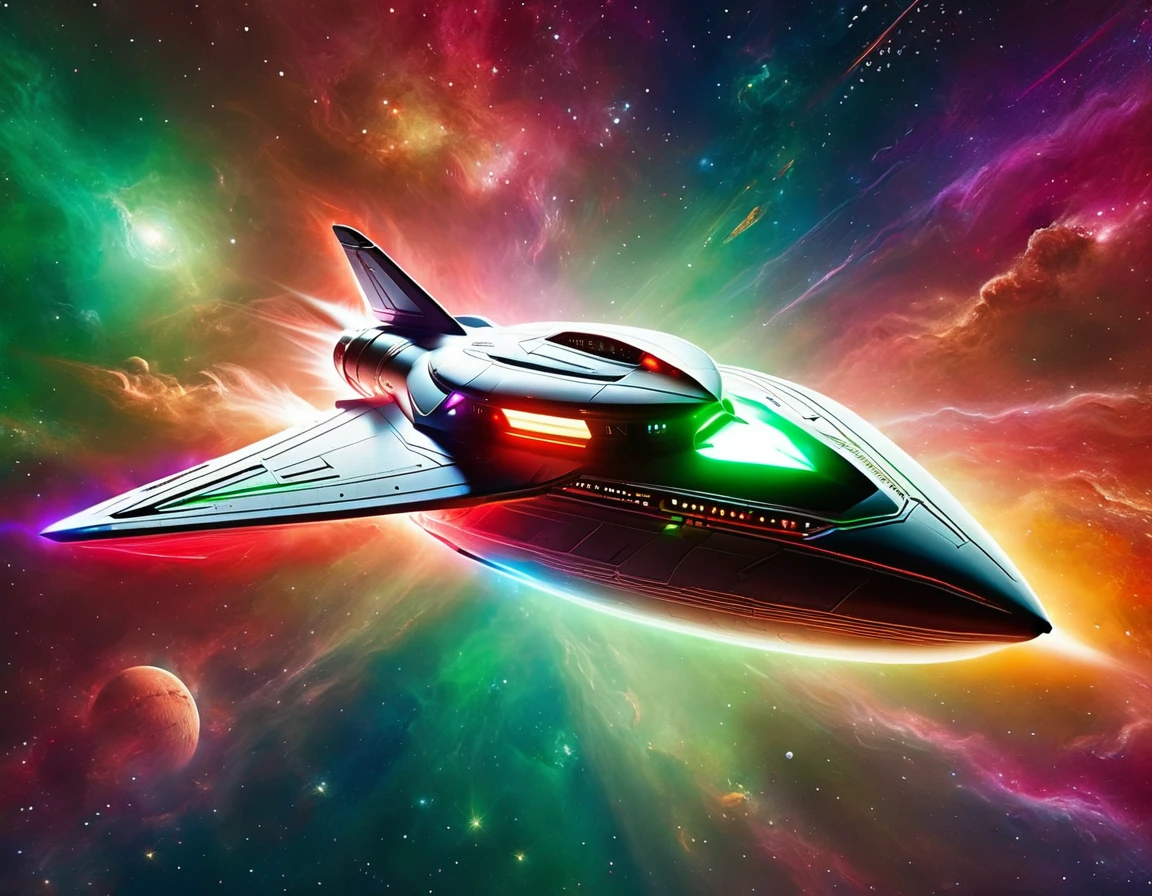 "A high-tech starship soaring through a colorful space background, featuring a gradient from green to red with scattered stars. The starship has a circular saucer section, an elongated body, and nacelles, with detailed metallic surfaces and bright accent lights."