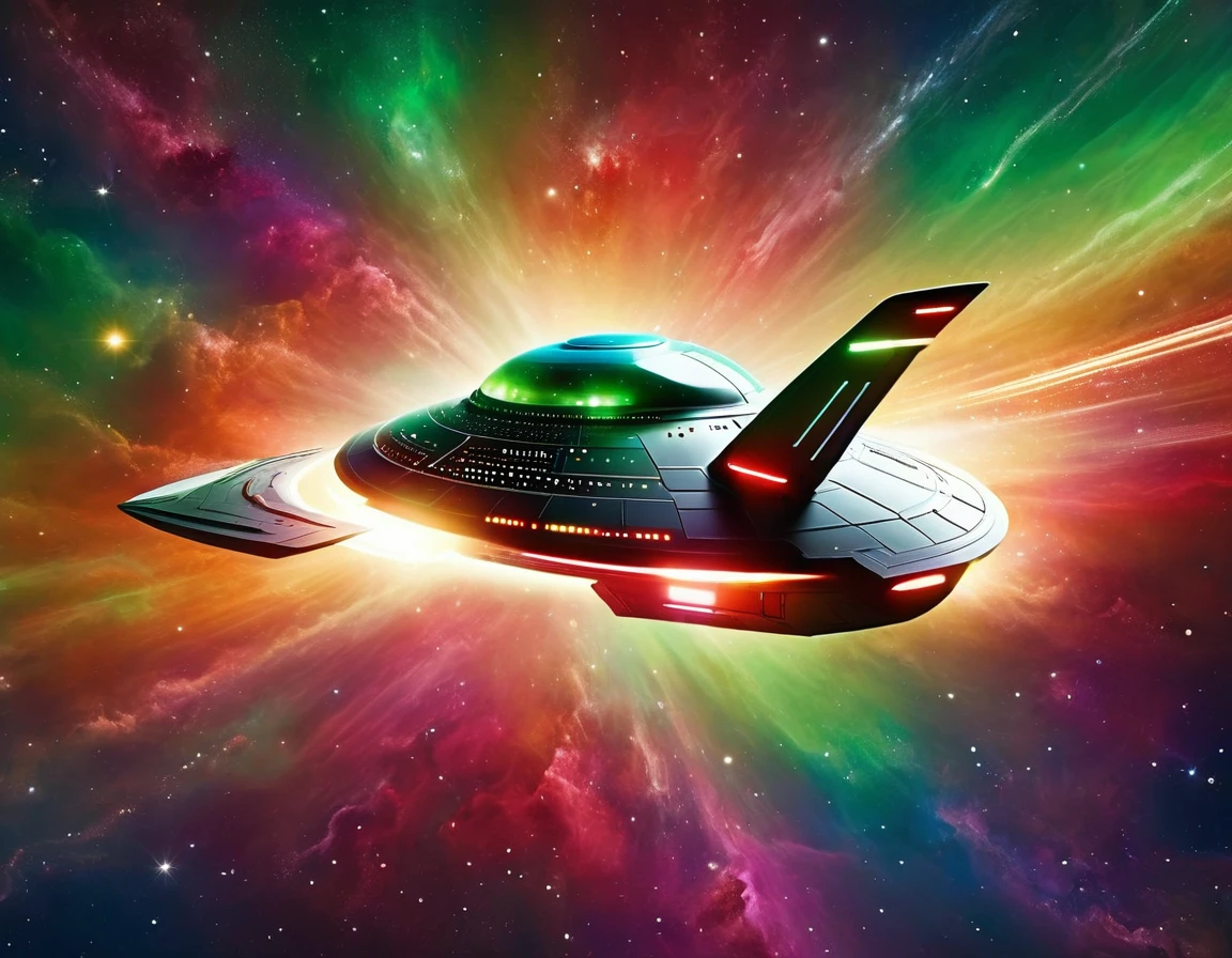 "A high-tech starship soaring through a colorful space background, featuring a gradient from green to red with scattered stars. The starship has a circular saucer section, an elongated body, and nacelles, with detailed metallic surfaces and bright accent lights."
