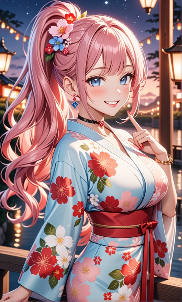ultra-detailed, ((one girl)), in pastel colors girl, hyper detailed, absurdres, 8K, Beautiful Face, (Laugh shyly), ((teasing smile:1.8)), ((Wink:1.8)), (Laugh with your mouth wide open),(Tilt your head:1.3), ((put index finger on mouth:1.6)), View your viewers, ((Bright red cheeks:1.6)),Glossy Red Lips, ((Big Breasts:1.5)), (valley),night, Large rivers,On Bridge, firework, (Brighten your face), ((Anime style background)),masterpiece, Highest quality, so beautiful,Latest, Complex details, (Pink long nails), (nail art), (ring),(bracelet), (Floral Choker),AI-generated, Complex,High resolution, Highest quality, super high quality,3D Images、3D Images,One person,Pastel pink long hair,(High Ponytail), (wavy hair:1.3), Pastel anime woman posing for a photo, ((Fine grain、blue eyes、glowing eyes:1.4)), (Squint your eyes:1.1),a hyperRealistic , hyperRealistic , Realistic,Anime woman with long pastel pink hair, Smooth anime CG art, A girl in a gorgeous pastel-colored kimono, ((Pastel-colored furisode)),(Pink large floral pattern) ,Long flower hair ornament,Floral Earrings,Mature Body, tall,Abdominal muscles,Tight waist,((arched back:1.9)), (front view),