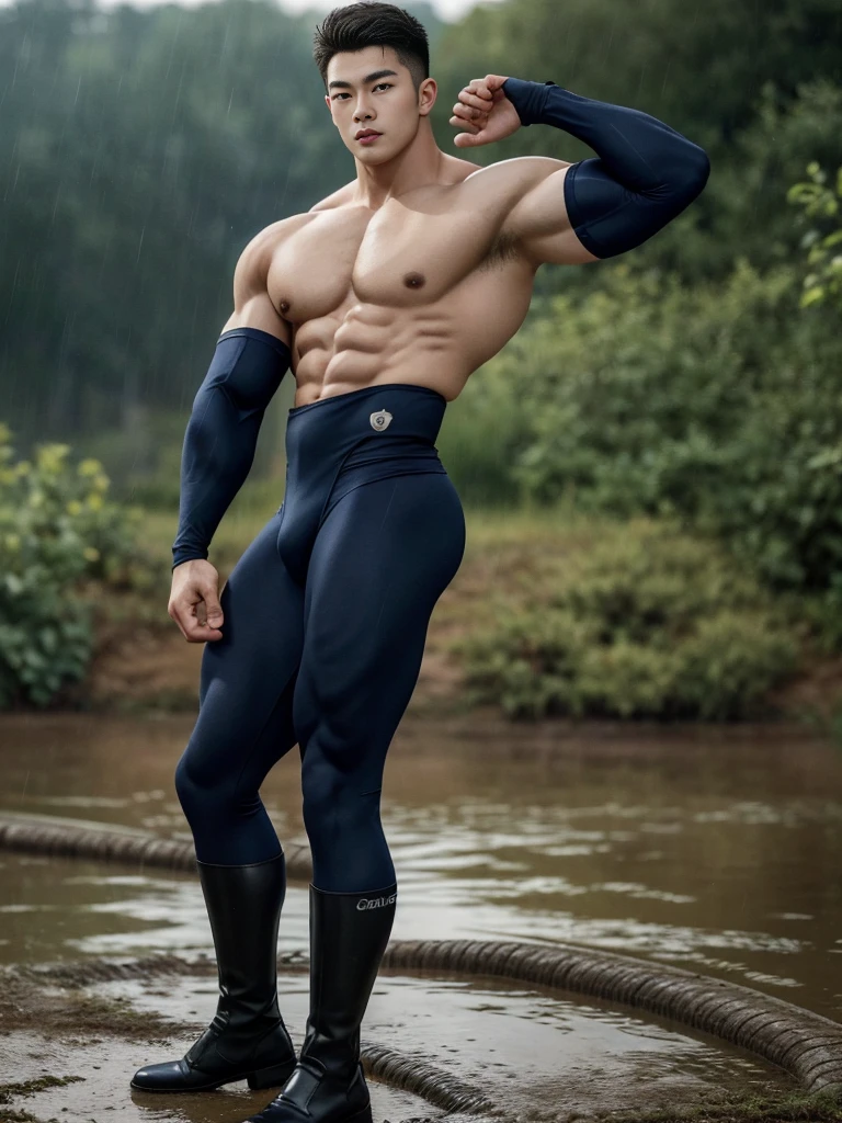 20-year-old boy ,Korean male officer ,...,handsome ,Wear a dark navy short-sleeved shirt............., wearing nothing, Wearing only Dark navy thong , no pants, Black boots and dark navy gloves, standing backward, sit on the ground ,nude, perfect , male , 1boy, solo, male focus, standing back, backward to viewers, showing huge male butt, round muscular ass, His legs spread apart.............................., Police Logo ,tight ,Muscle Man , ((The arm muscles are very large.................)) ,large , Wide shoulders ,..................................... ,Sexually suggestive, (Dynamic Poses:1.1) , thights , (Embossed Focus:1.2),......................., ,It's raining ,Mud Pond , Best qualtiy , Wide lens ,deep depth of field ,Bokeh background