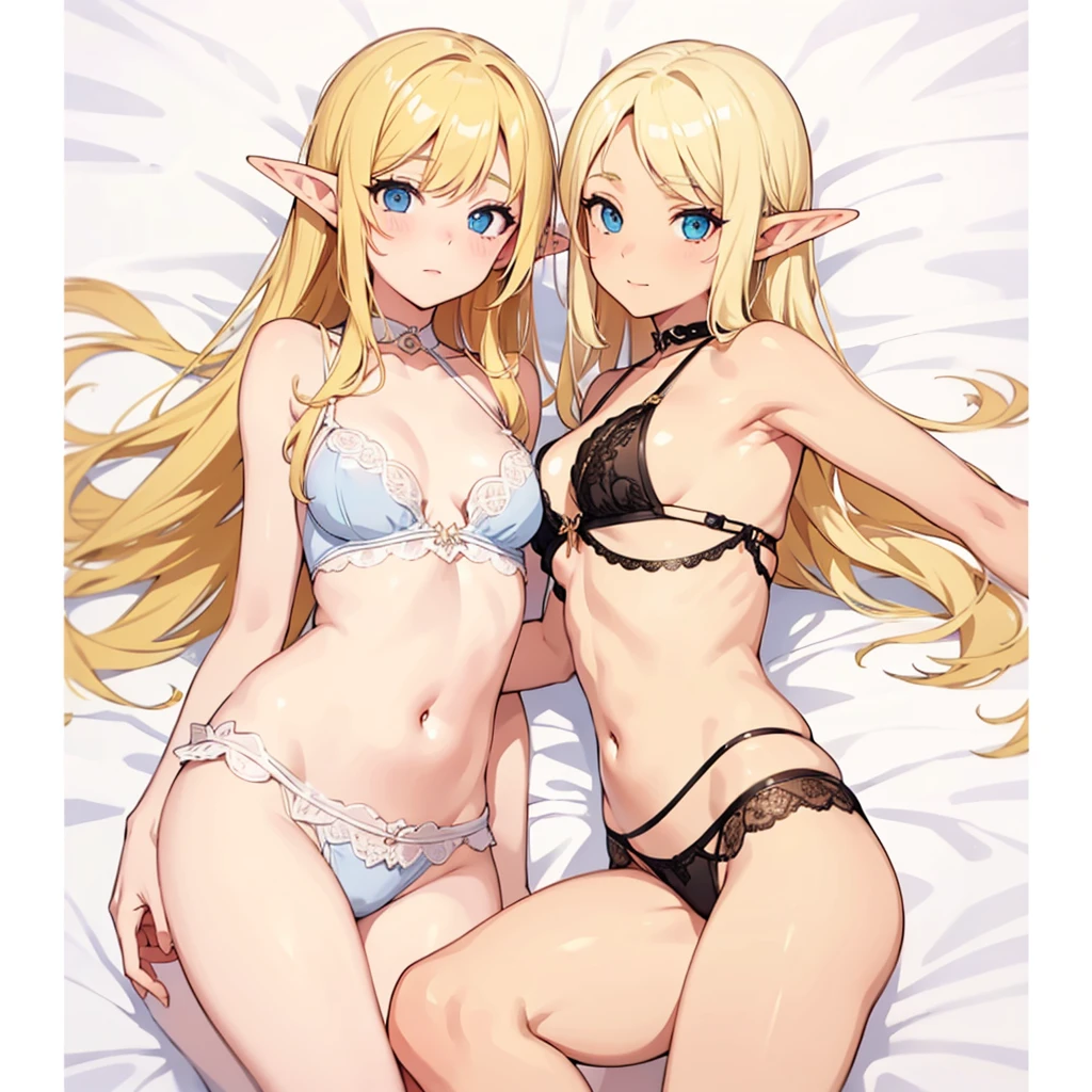 a pair of elf slaves lying on a bed, sexy, elves, blonde hair , arab dancer , lingerie ,  girl , teen  