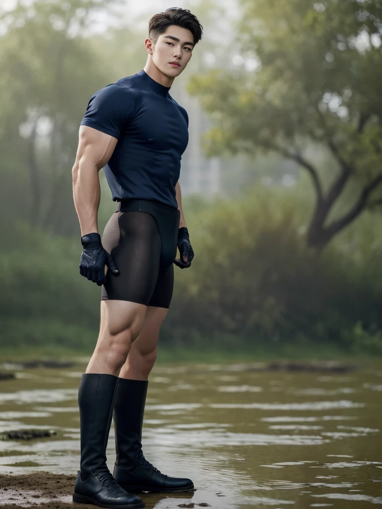 20-year-old boy ,Korean male officer ,...,handsome ,Wear a dark navy short-sleeved shirt............., wearing nothing, Wearing only Dark navy thong , no pants, Black boots and dark navy gloves, standing backward, sit on the ground ,nude, perfect , male , 1boy, solo, male focus, standing back, backward to viewers, showing huge male butt, round muscular ass, His legs spread apart.............................., Police Logo ,tight ,Muscle Man , ((The arm muscles are very large.................)) ,large  , Wide shoulders ,..................................... ,Sexually suggestive, (Dynamic Poses:1.1) , thights , (Embossed Focus:1.2),......................., ,It's raining ,Mud Pond , Best qualtiy , Wide lens ,deep depth of field ,Bokeh background