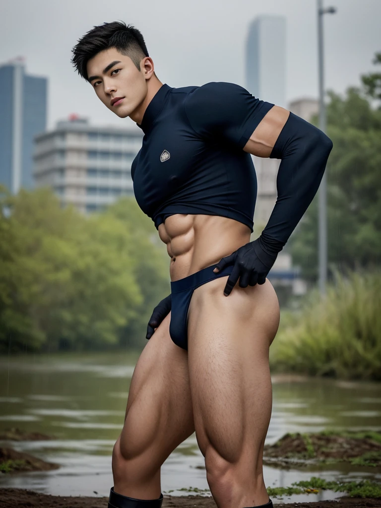 20-year-old boy ,Korean male officer ,...,handsome ,Wear a dark navy short-sleeved shirt............., wearing nothing, Wearing only Dark navy thong , no pants, Black boots and dark navy gloves, standing backward, sit on the ground ,nude, perfect , male , 1boy, solo, male focus, standing back, backward to viewers, showing huge male butt, round muscular ass, His legs spread apart.............................., Police Logo ,tight ,Muscle Man , ((The arm muscles are very large.................)) ,large , Wide shoulders ,..................................... ,Sexually suggestive, (Dynamic Poses:1.1) , thights , (Embossed Focus:1.2),......................., ,It's raining ,Mud Pond , Best qualtiy , Wide lens ,deep depth of field ,Bokeh background