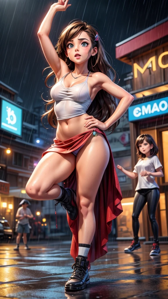 ((A dynamic breaking dance battle between two girls in the rain)), onlookers gathered around, beautiful detailed eyes, beautiful detailed lips, extremely detailed eyes and face, long eyelashes, flowing wet hair, dynamic poses, intricate choreography, dramatic lighting, outdoor stage, (best quality,4k,8k,highres,masterpiece:1.2),ultra-detailed,(realistic,photorealistic,photo-realistic:1.37),cinematic composition,vibrant colors,dramatic chiaroscuro lighting
