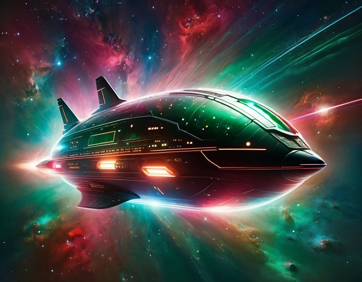 "A futuristic starship navigating through a cosmic expanse, set against a background transitioning from dark green to red with tiny stars. The ship’s sleek design includes a large circular front, elongated body, and external nacelles, with intricate metallic textures and vibrant lights."
