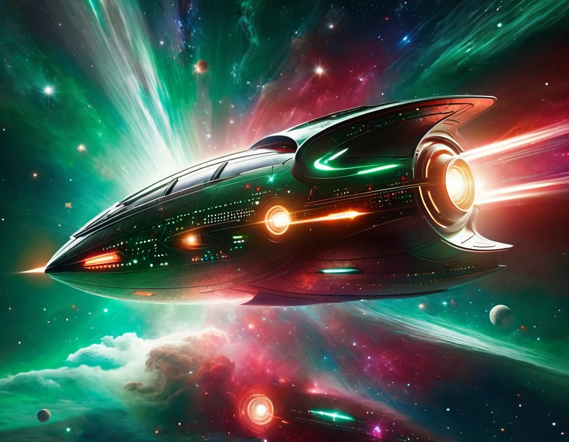 "A futuristic starship navigating through a cosmic expanse, set against a background transitioning from dark green to red with tiny stars. The ship’s sleek design includes a large circular front, elongated body, and external nacelles, with intricate metallic textures and vibrant lights."
