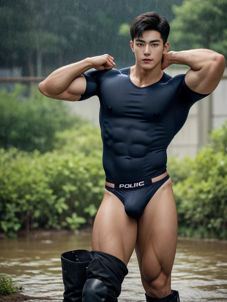 20-year-old boy ,Korean male officer ,...,handsome ,Wear a dark navy short-sleeved shirt............., wearing nothing, Wearing only Dark navy thong , no pants, Black boots and dark navy gloves, standing backward, sit on the ground ,nude, perfect , male , 1boy, solo, male focus, standing back, backward to viewers, showing huge male butt, round muscular ass, His legs spread apart.............................., Police Logo ,tight ,Muscle Man , ((The arm muscles are very large.................)) ,large , Wide shoulders ,..................................... ,Sexually suggestive, (Dynamic Poses:1.1) , thights , (Embossed Focus:1.2),......................., ,It's raining ,Mud Pond , Best qualtiy , Wide lens ,deep depth of field ,Bokeh background