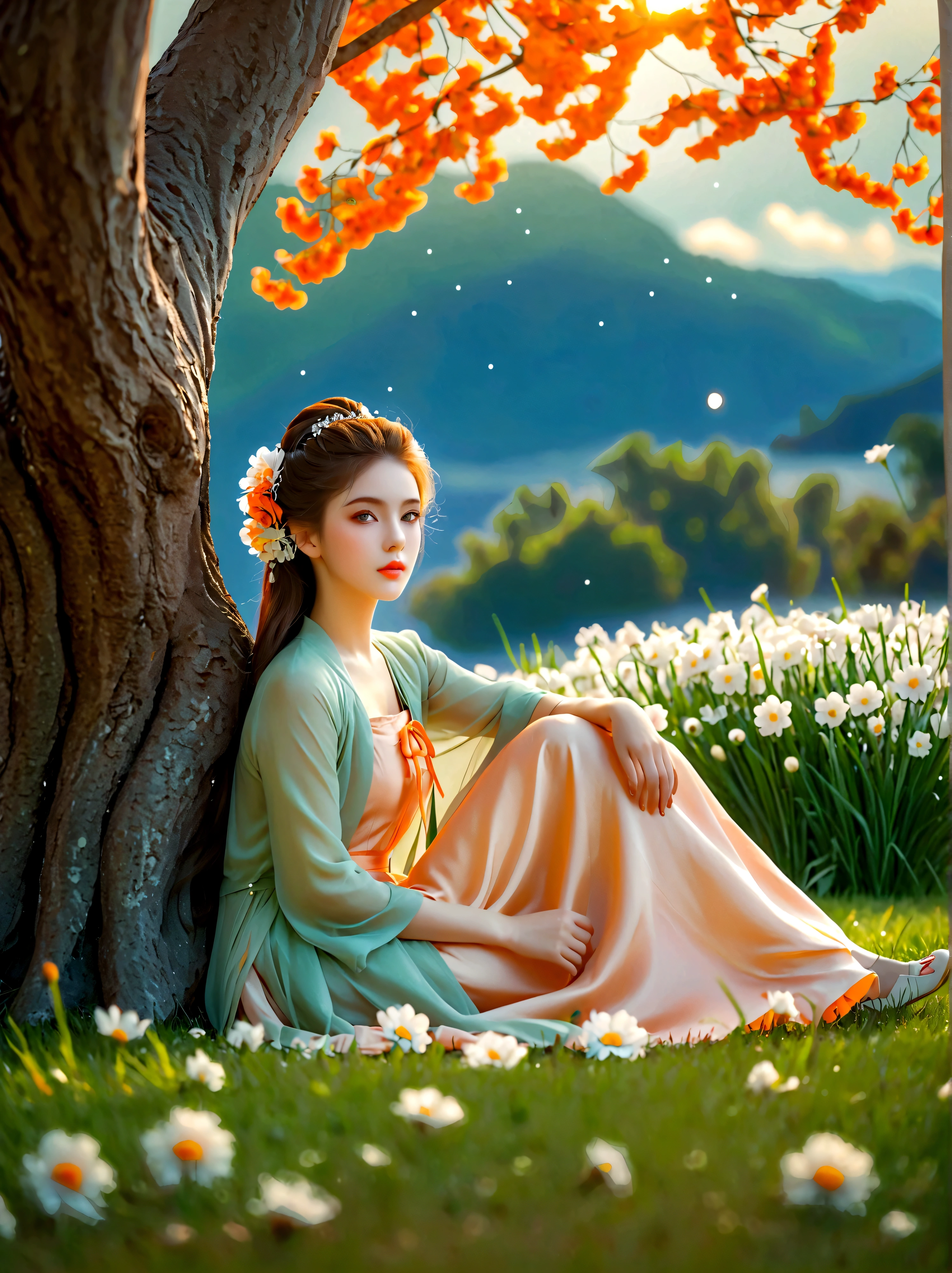 spring, 1girl, ((beautiful eyes)), ((Perfect and refined limbs)), Sitting, on the grass, tent, flower, outdoor, Tree, landscape, daytime, Sky, cloud, Grass, Orange Blossom, White Flowers, nature, Vague, safflower, (masterpiece, Best quality:1.2), lifelike, Reality, Dreamy light, Intricate details, Ultra Detailed, detail, High contrast, Beautiful and delicate light, Bright, more details, Fine light, very fine 8K CG wallpaper, Abuse of color difference, Very delicate light, Glare, Light, Light Particles, reflection, Depth of Field, Soft colors, Surrealism, Romanticism, Classicism, anatomically correct, textured skin, award winning, 8k