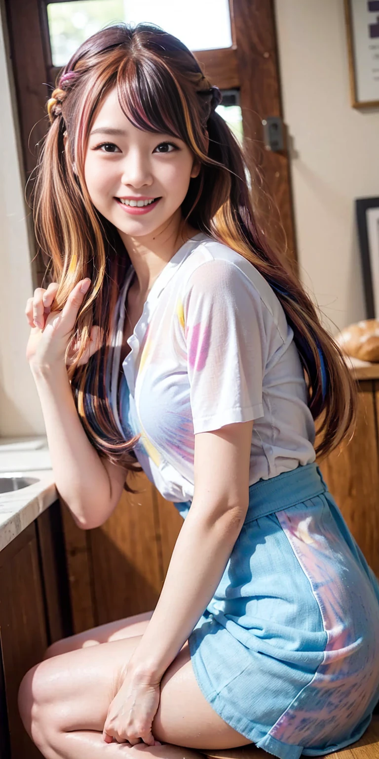((holding a large loaf of bread))、
12 year old girl、
Day本アイドル、

Cute Smile、
Lewd smile、　
Panting face、Pant voice、
Fluid organization:1.6), One beautiful girl with really wild hair, (Colorful wavy hair:1.2),( Two long braids:1.2), (Long wild hair:1.2), (Multicolored Hair: 1.9),Cute smile
Bakery Sales Staff、

Angle from directly below、
Low - Angle、スーパーLow - Angle、
apron、
blouse(See-through)、
はだけるblouse、
My shirt is open、
Open shirt、
hot pants、
ピンク色のhot pants、I can see a little underwear、Thighs、Butt、Beautiful buttocks、
I'm cleaning、
I'm wiping the floor.、Wipe the floor with a rag、
Bend over to clean、




clear、serious
Bakery Cafe、bread
Bakery clerk、Day本アイドル、

(masterpiece), (Highest quality:1.4), Absurd, [:Intricate details:0.2],  (View your viewers:1.2), Day,  reflection、
Reddish hair，Golden Student，enjoy，Moist，肉感Thighs，Slim figure，Moist, Glowing pink skin，transparent，Mature Woman，Affectionate expressions，情熱的に取り組んでいます

Day本アイドル