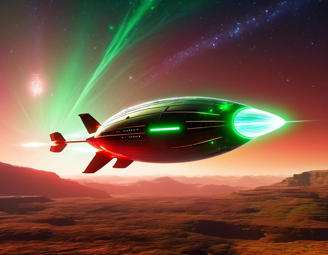 "An advanced starship traveling through space, featuring a gradient sky from green to red with scattered stars. The ship’s design includes a circular front, elongated body, and nacelles, with a detailed metallic finish and bright lights accentuating its futuristic look."