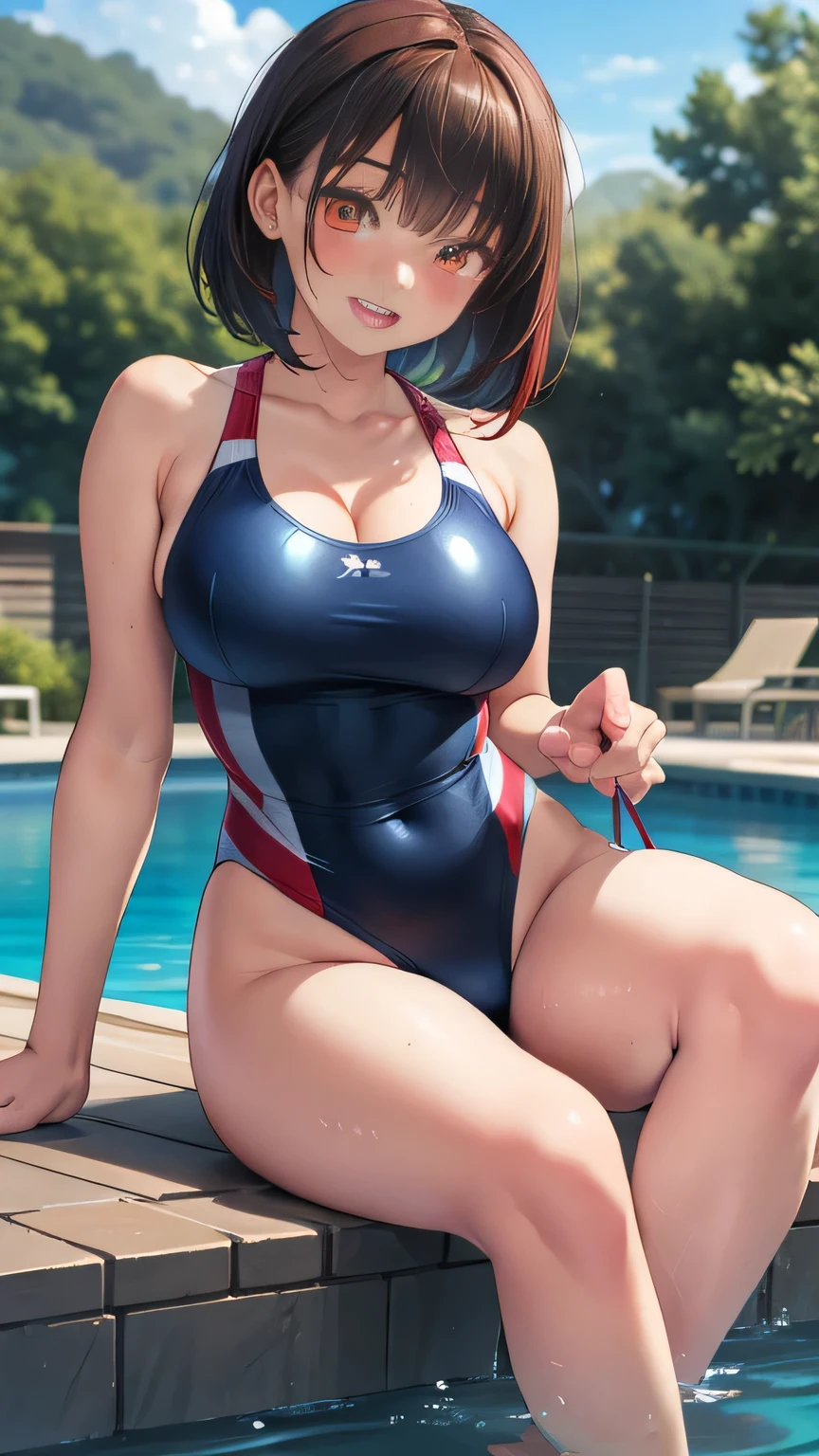 Very detailed CG Unity 8K 壁紙),(masterpiece), (Highest quality), (Very detailed), (Best illustrations),(Best Shadow)、1girl absurdres barefoot blue_one-piece_swimsuit blue_sky blush breasts cleavage cloud collarbone covered_navel heterochromia highres hinoki_kahun0 hololive houshou_marine large_breasts long_hair one-piece_swimsuit open_mouth outdoors red_eyes red_hair sitting sky solo swimsuit teeth thighs virtual_youtuber yellow_eyes