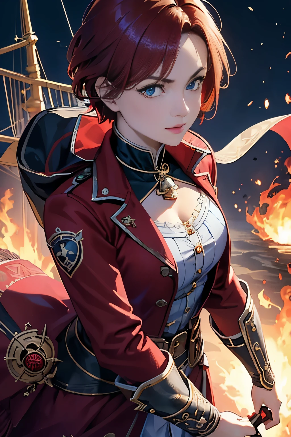 (good quality:1.2), (Ultradetailed:1.2), (ultradetailed face:1.2), (detailed blue eyes:1.2), (ultradetailed body:1.2), middle aged woman, old, wrinkles, with old pistole, red hair, short hair, fringe, red social shirt, black coat, (white pirate dress:1.2), pirate ship, night, battlefield, fire in the background