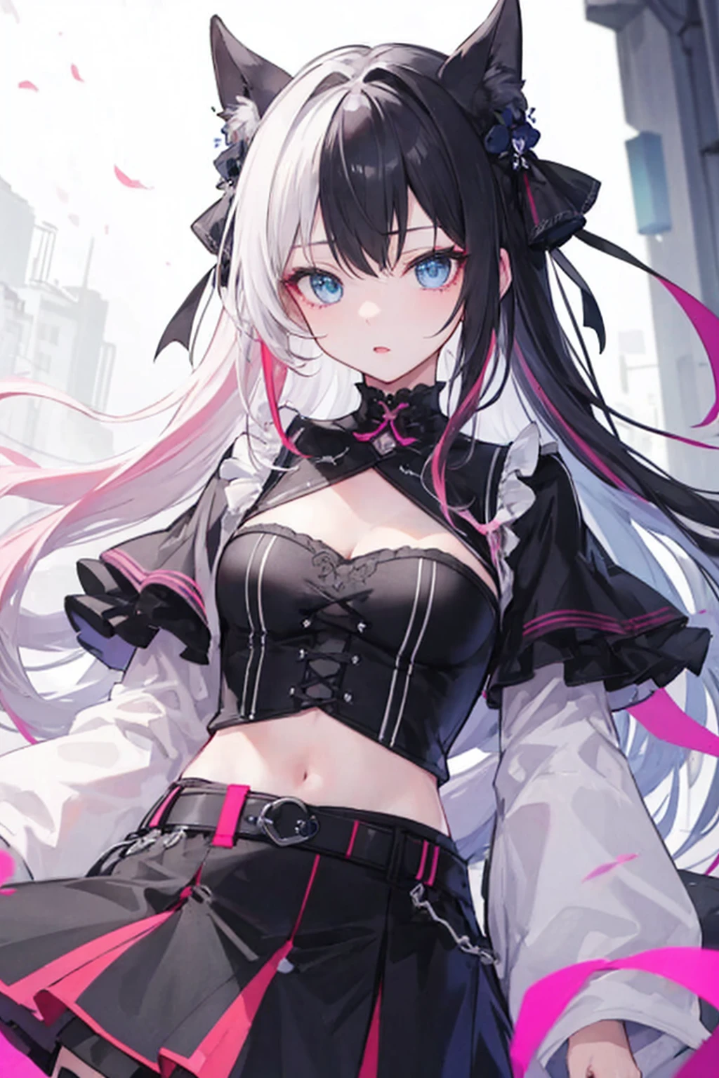 Highest quality、One girl、Hair color: black with inner white、Long Hair、Game Distribution、Tsundere、Eye color is light pink-grey