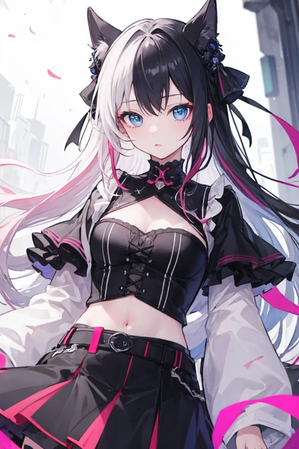 Highest quality、One girl、Hair color: black with inner white、Long Hair、Game Distribution、Tsundere、Eye color is light pink-grey