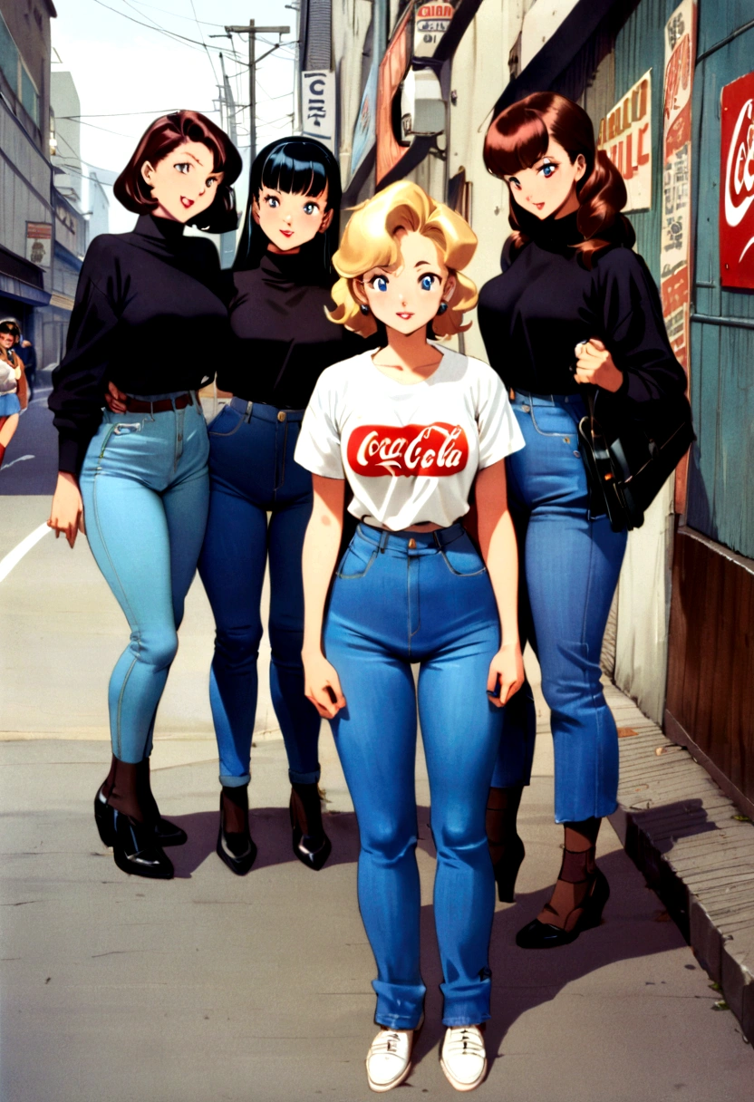 (vintage),(Retro),(Cartel), Coca Cola advertising with 4 perfect girls, clothing oversized blue jeans and white t-shirt with open waist(sexy), military environment, Masterpiece, Firearms, full body image, (urban environment background) (tokyo) 1990, anime
