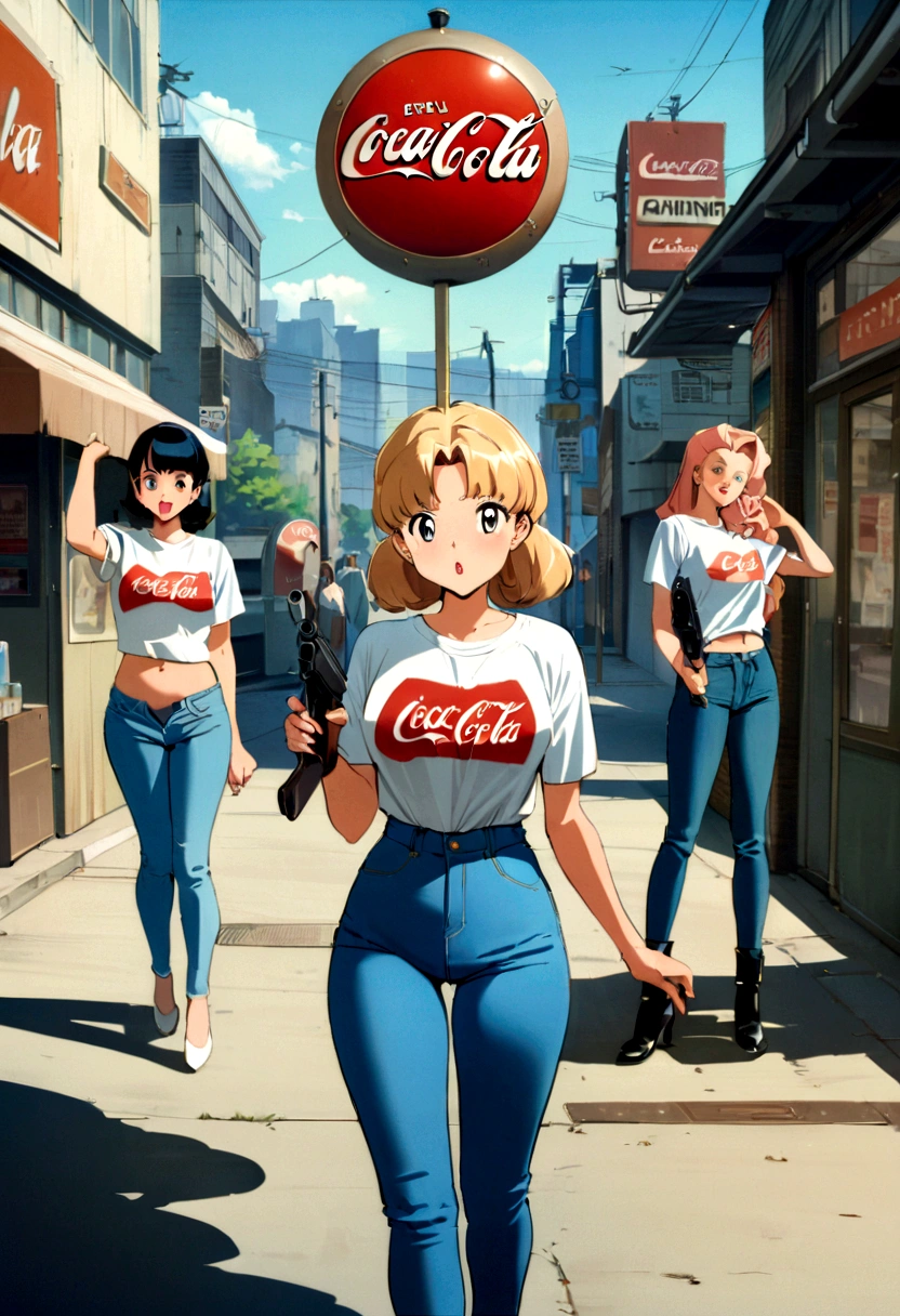 (vintage),(Retro),(Cartel), Coca Cola advertising with 4 perfect girls, clothing oversized blue jeans and white t-shirt with open waist(sexy), military environment, Masterpiece, Firearms, full body image, (urban environment background) (tokyo) 1990, anime