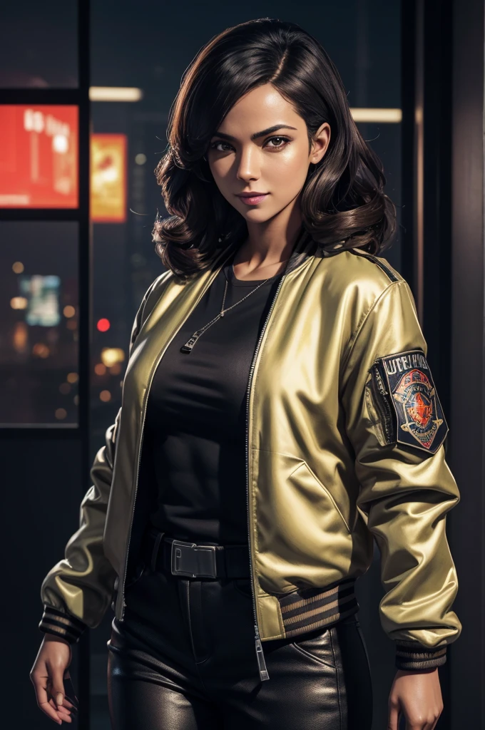 A female detective who has been turned into a criminal . satin bomber jacket, guns, Infiltrate offices late at night and steal data Evil grin, UHD, retina, masterpiece, ccurate, anatomically correct, textured skin, super detail, high details, high quality, award winning, best quality, highres