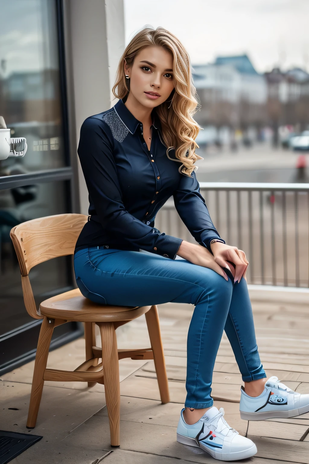 high quality,16K:1.1),((, German woman sitting on a chair in a coffee shop）, 、(Full Body Shot:1.2),(),Blonde wavy hair、、ear piercing、smile、Beautiful teeth alignment、((Long sleeve blouse、Skinny jeans、sneakers)), ,(View your audience:1.3),The background is a coffee shop
