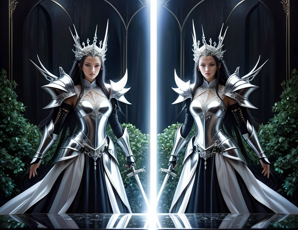 symmetry shadow warrior elegance, dark fantasy realism, mythical beautiful with gothic queen knight, sharp gaze illusion coating, backdrop glass and metallic, lighting, highest quality, (((intricate detailed:1.3))), elaborate bush stroke, adding fantastic elements, beautiful detail back glow, smooth and flawless skin, intricate and elaborate armor and sword,