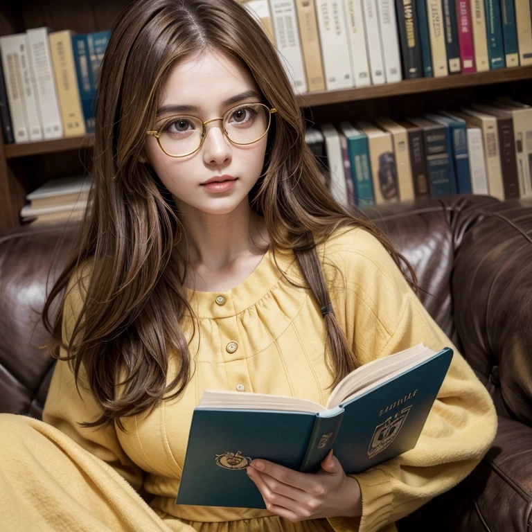 Owl Woman, yellow dress, long brown hair, wearing glasses, reading a book