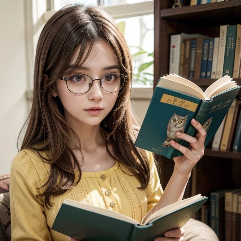 Owl Woman, yellow dress, long brown hair, wearing glasses, reading a book